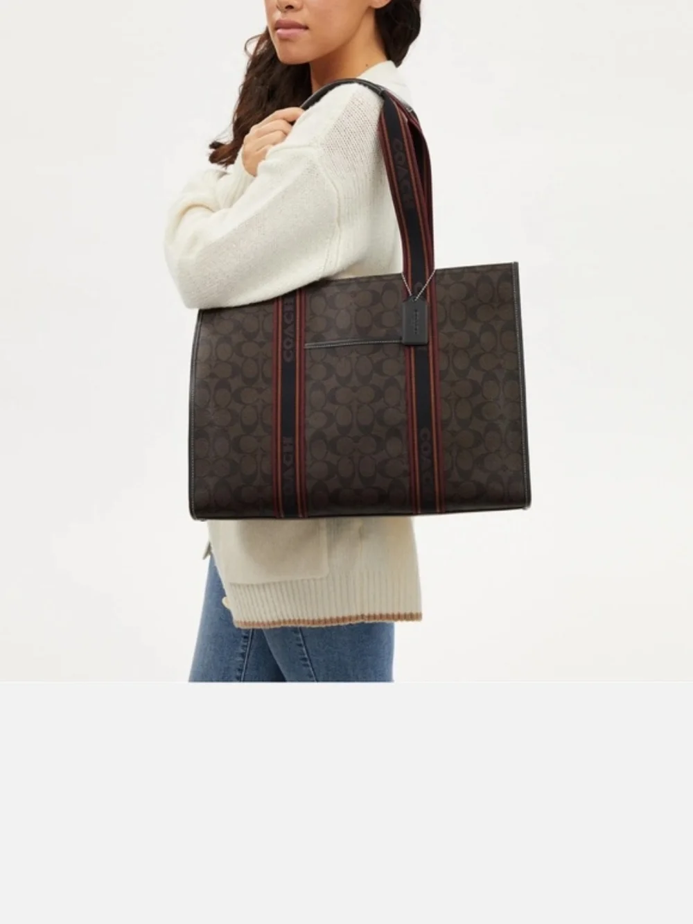 Coach Signature Canvas Large Tote in Brown with Maroon-Trim Straps - Picture 4 of 12